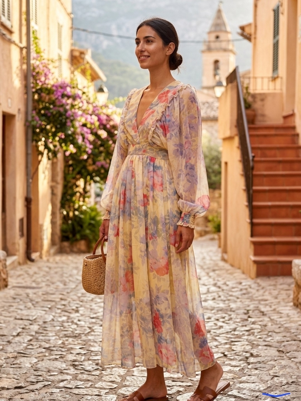 Light Yellow Floral Long-Sleeve V-Neck Maxi Dress